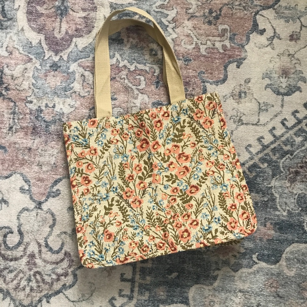 Floral Pattern Canvas Tote Bag — Beige with Coral & Blue Floral Print